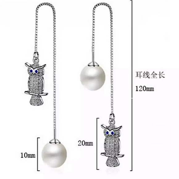 Sterling Silver Owl, Pearl Long Earrings - Picture 7 of 7